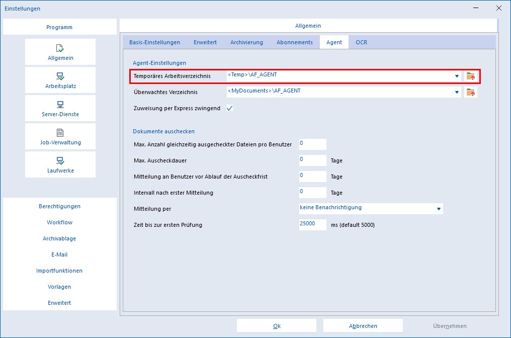 Einstellungen Programm Agent